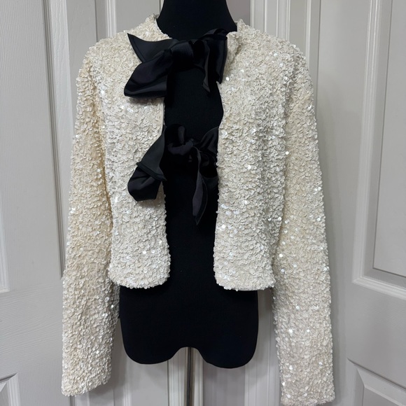 H&M viral bloggers fav white sequin black bow ribbon tie front cardigan sweater - Picture 6 of 7